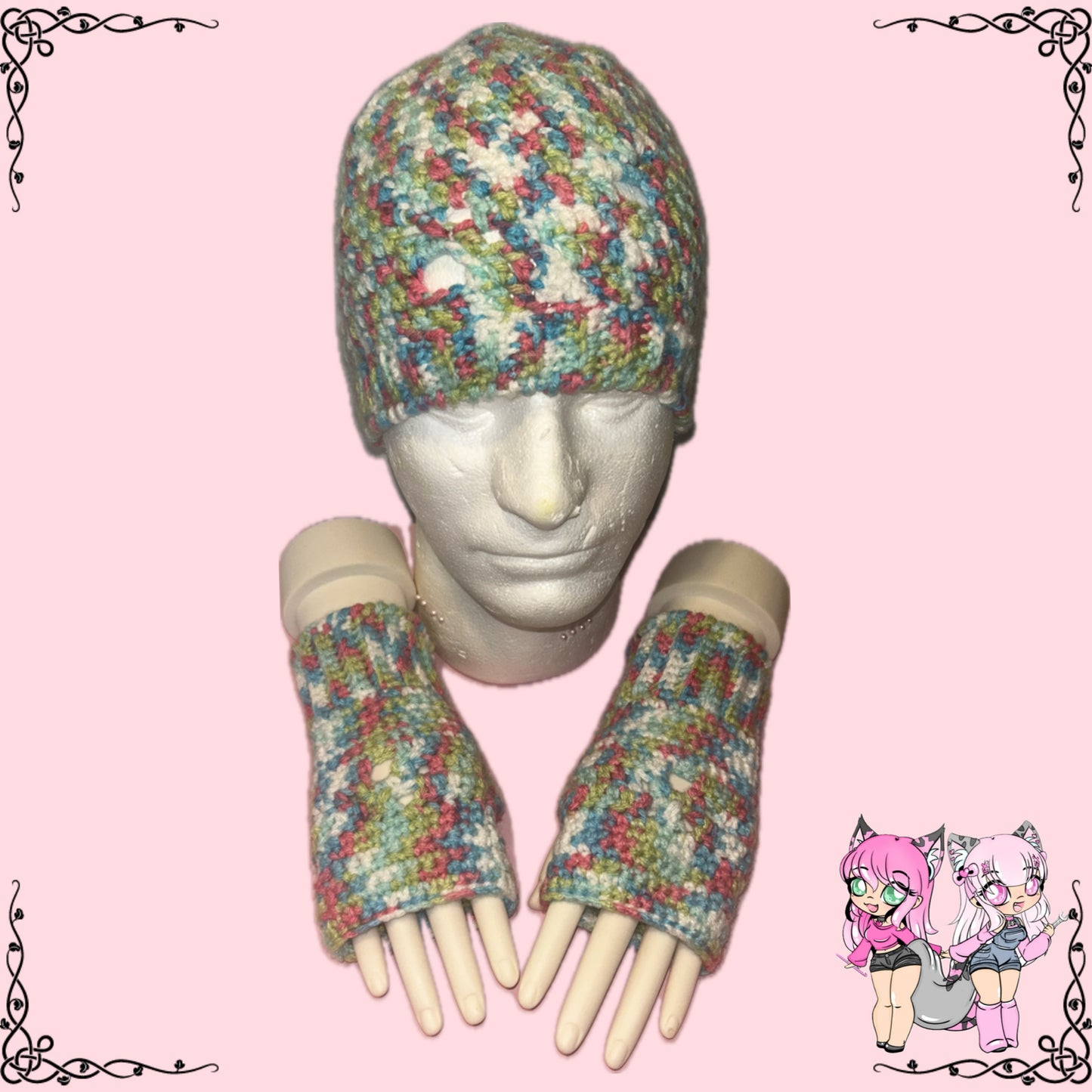 Paw beanie with matching fingerless gloves